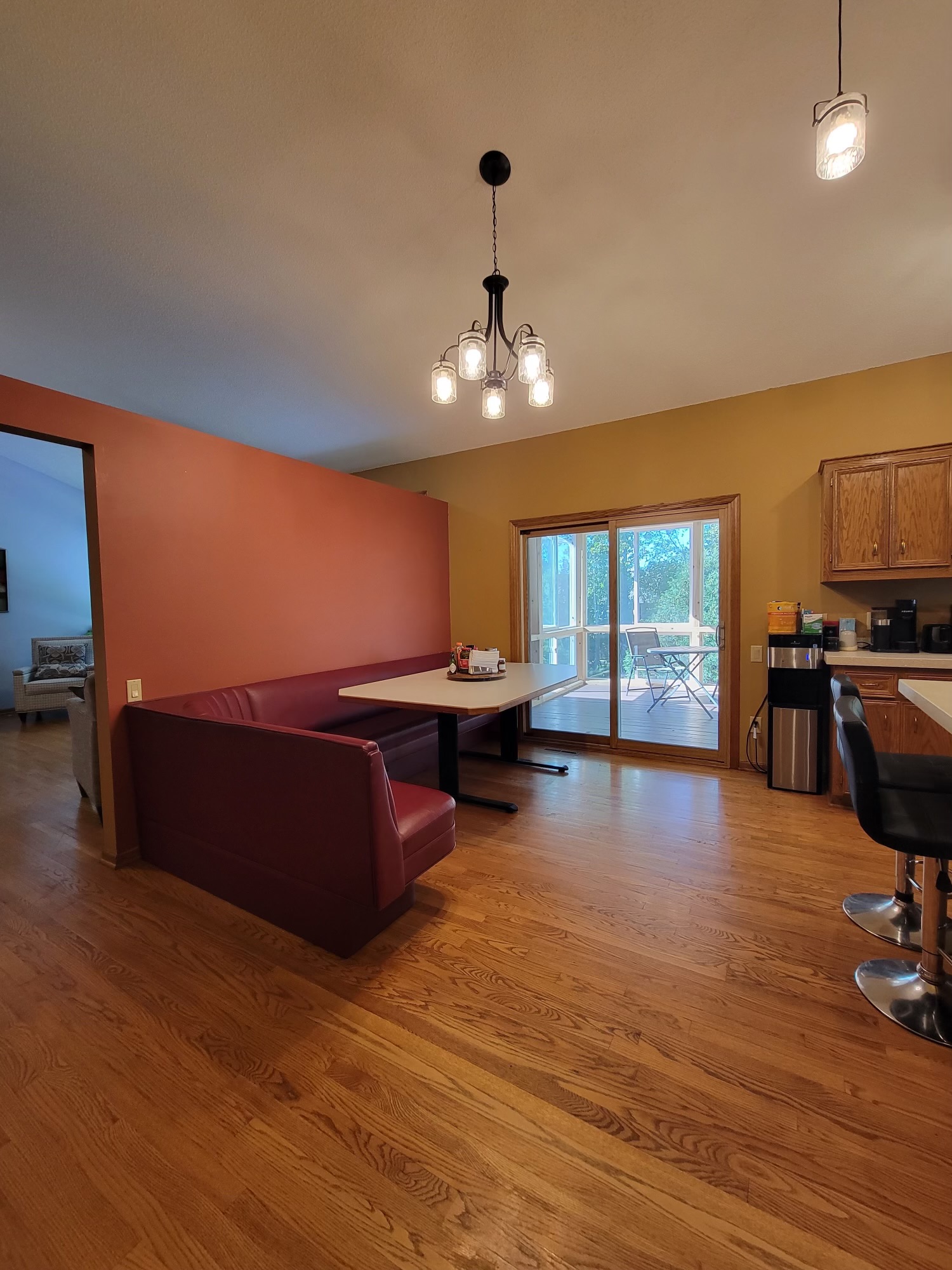 Bright dining area with communal seating